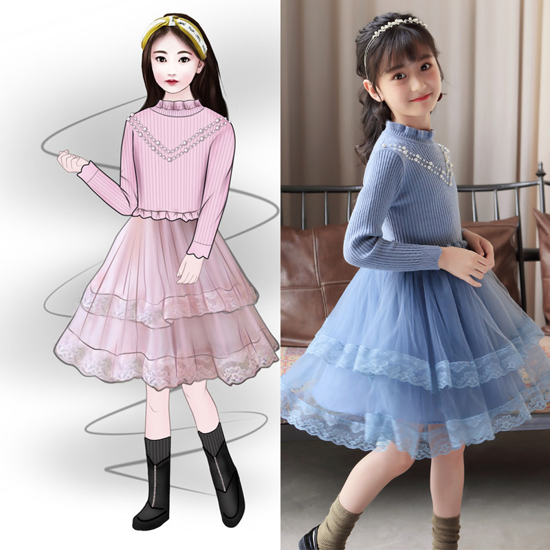 Girls sweater in the long - range thickening 2023 new autumn and winter dress head of large children's knife sweater dress
