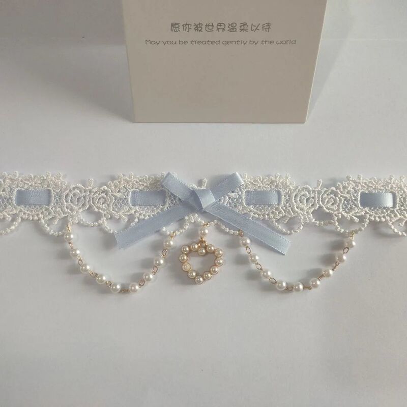 Pearl Heart White Bead Chain Lace Original Handmade Lolita Versatile Choker
