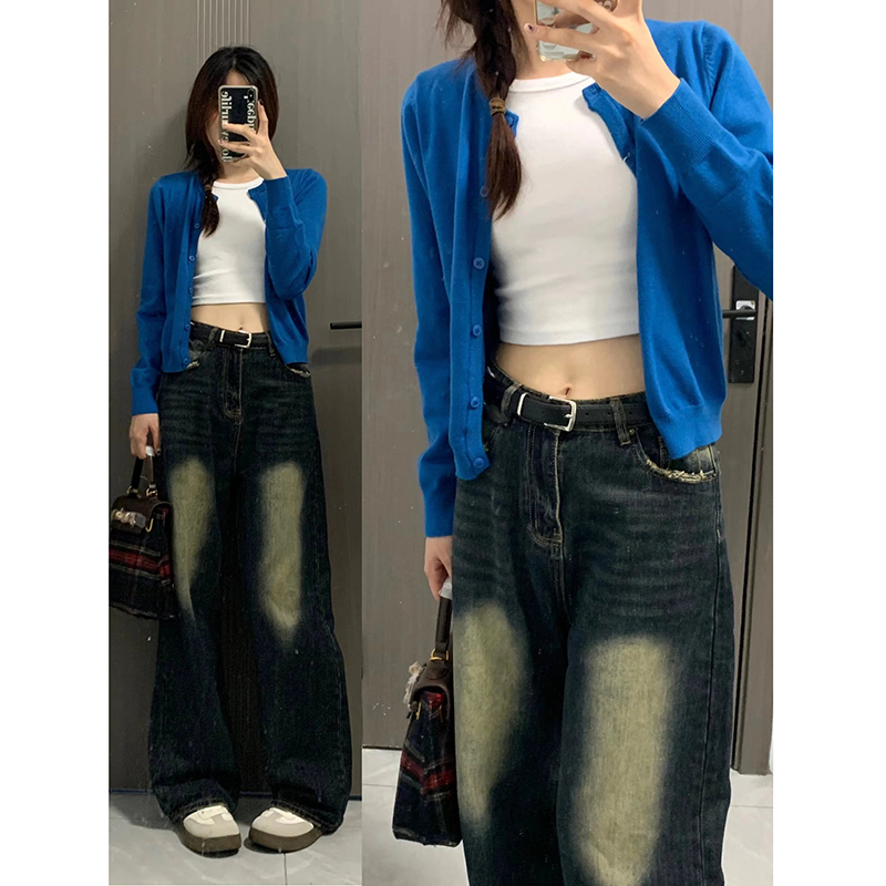 Klein Blue Knitted Cardigan for Women, Spring and Autumn Slim-Fit Outerwear Sweater Jacket, Petite Short Long-Sleeve Top