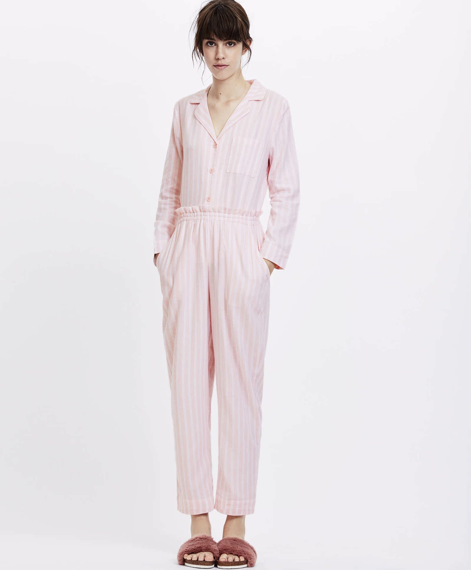 Oysho flannel sọc hồng dịch vụ tại nhà thoải mái áo pyjama dài tay 31080624622 đồ lót