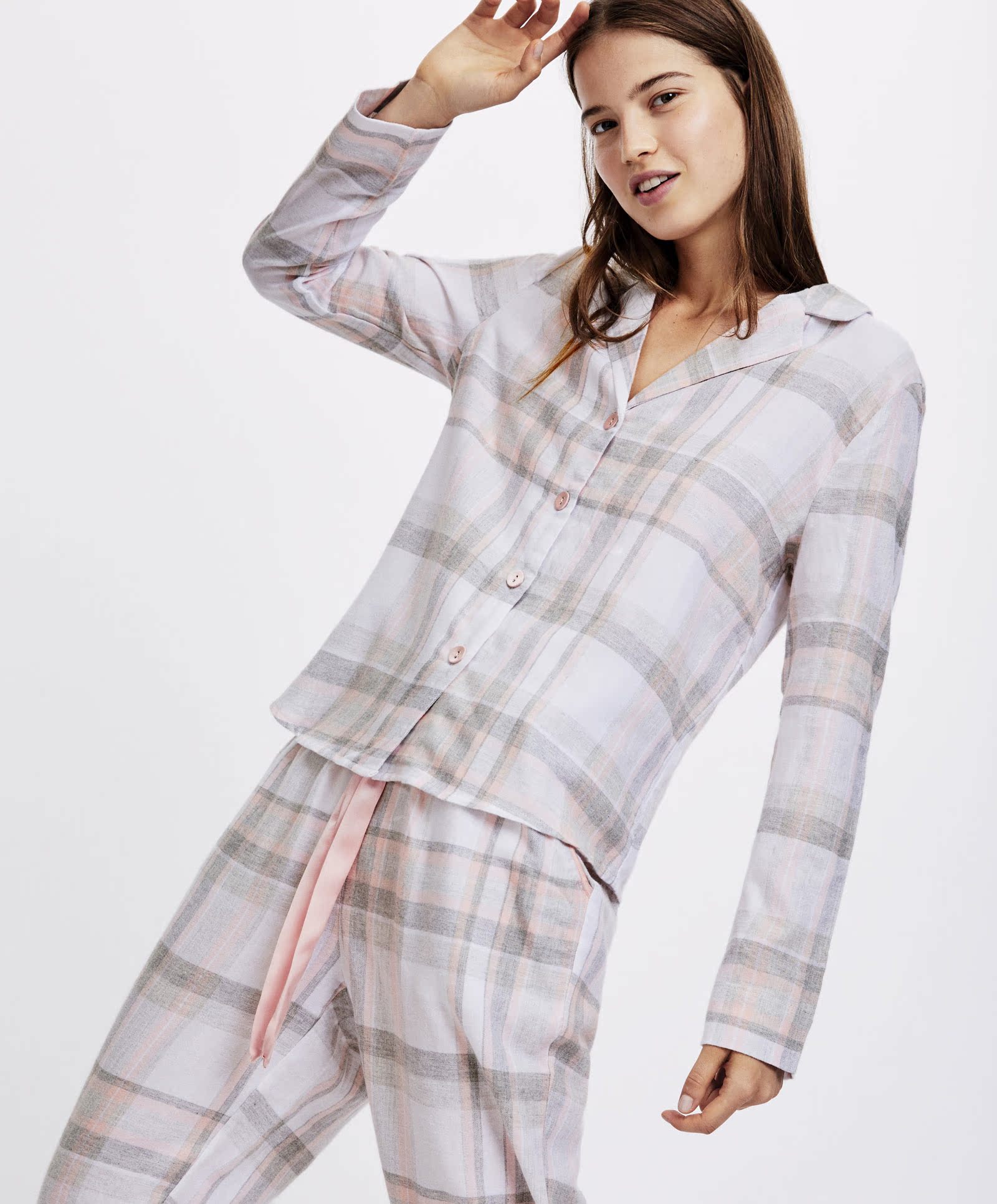 Oysho mùa thu và mùa đông giảm giá flannel hồng cao su ban nhạc kiểm tra mẫu quần cha quần quần legging nam