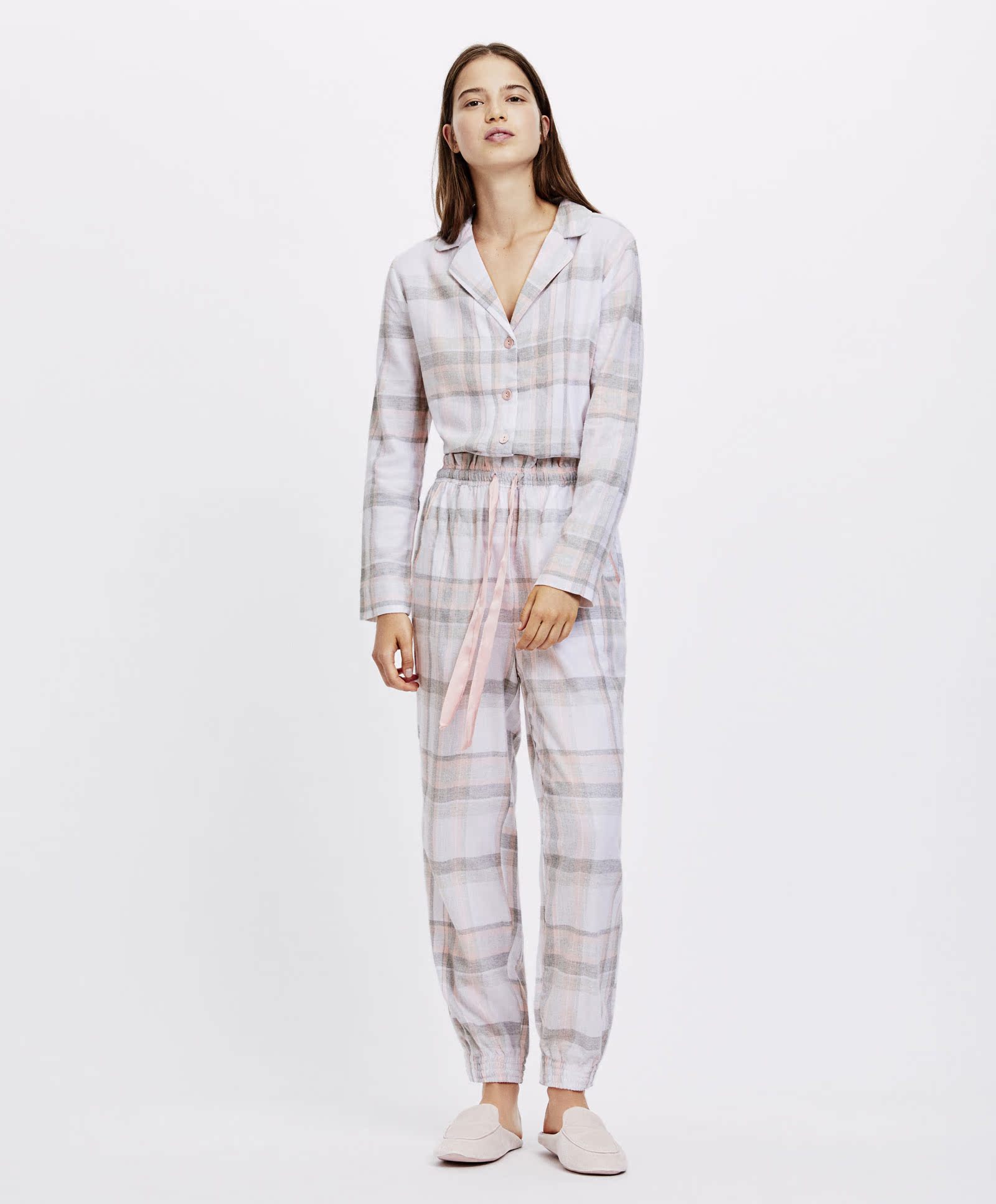 Oysho mùa thu và mùa đông giảm giá flannel hồng cao su ban nhạc kiểm tra mẫu quần cha quần quần legging nam
