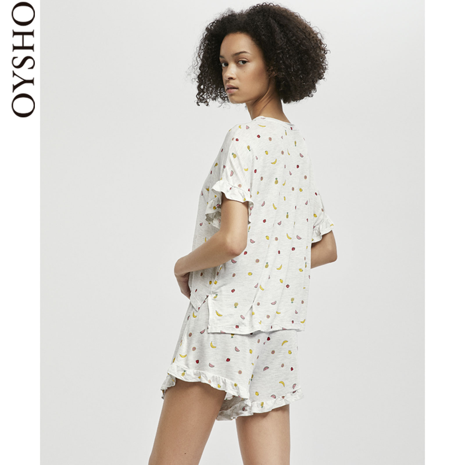 Oysho trái cây in vòng cổ nhà dịch vụ nhà đồ ngủ nữ mùa hè ngắn tay T-Shirt 30444579803