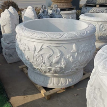 Late Xia Red Patio Lotus Jar Stone Sculpted Han White Jade Flower Pot Fish Tank Modern Chinese Stone Water Cylinder Outdoor Stone Vat