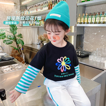 Girls white T-shirt long sleeve autumn T children fake two small baby coat 2021 Spring and Autumn new children autumn clothes