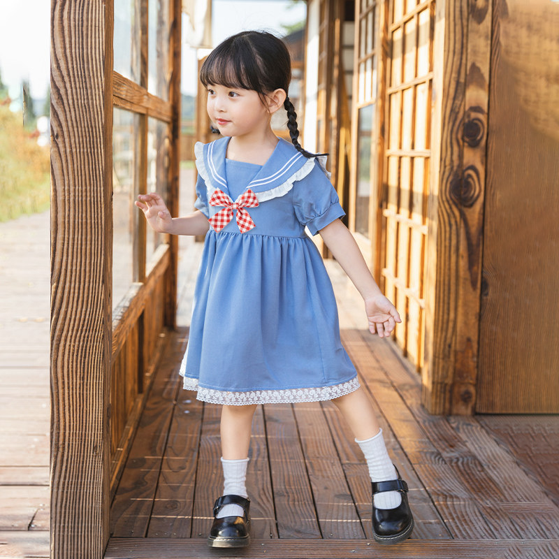 Clearance girls princess skirt summer new children's navy collar girl puff sleeves thin preppy dress