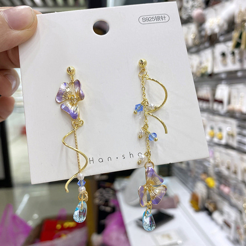 s925 silver needle long version flow suearrings female Han version temperament Asymmetrical Ear Pendant Super Fairy 100 hitch colorful ear-pin ornament