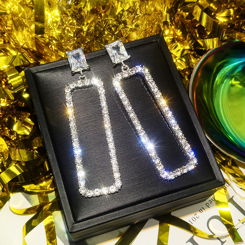925 silver pin 2018 new crystal long version earrings square earrings woman temperament Korean personality 100 hitch