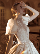 Donina high-end retro satin wedding dress 2022 new bridal bubble sleeves minimalist palace wind trailing off yarn