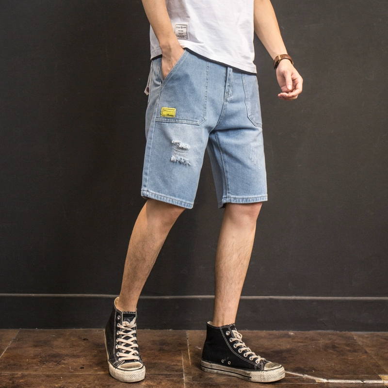 Quần short denim nam mùa hè lỏng lẻo phần mỏng hợp thời trang quần nam mặc bên ngoài giản dị mùa hè quần năm điểm - Quần jean