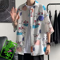 2021 summer cute cartoon print shirt Tide mens non-iron smooth fabric loose sleeve shirt plain color