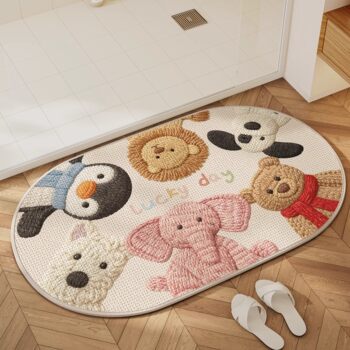 German Precision Cartoon-Style Faux Linen Bathroom Mat, Water-Absorbent and Quick-Drying, Non-Slip Doormat for Bathroom Entrance, Household Carpet