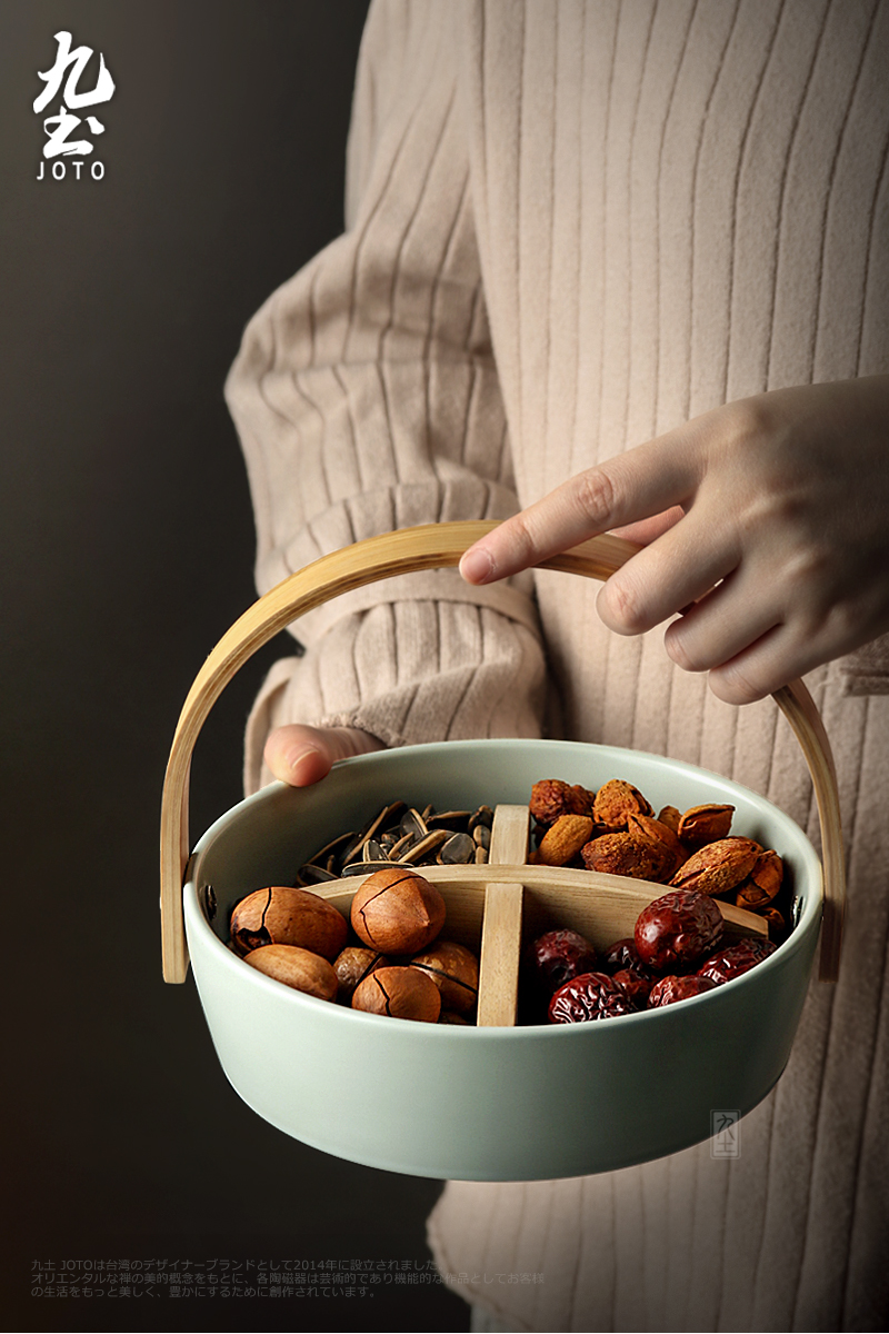 About Nine soil ceramic dried fruit platter sitting room home snacks the nut plate frame plate Japanese creative bamboo handle compote