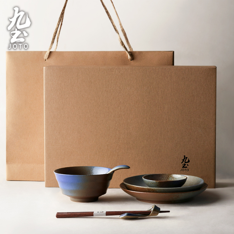 Jiutu Japanese-Style Two-Person Coarse Pottery Dinnerware Set with Bowls, Plates, and Chopsticks, Vintage Ceramic Soup Bowl and Noodle Bowl Gift Set Jiutu Japanese-Style Two-Person Coarse Pottery Dinnerware Set with Bowls, Plates, and Chopsticks, Vintage Ceramic Soup Bowl and Noodle Bowl Gift Set