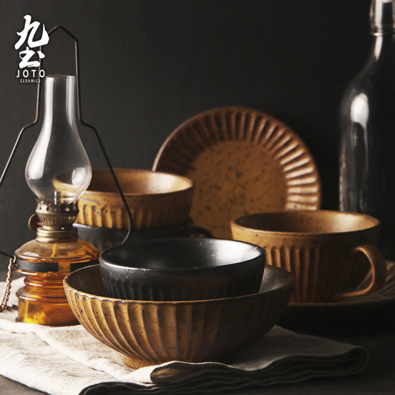 About Nine soil restoring ancient ways suit cup bowl of western - style food tableware disk to use contracted ceramic household Japanese coarse pottery single plate