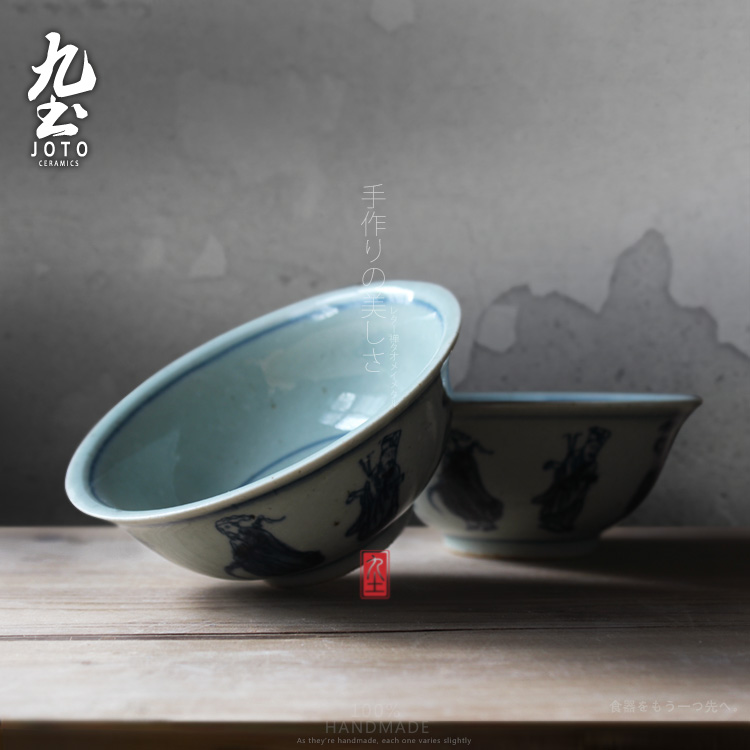 About Nine soil of jingdezhen blue and white bowl ceramic zen characters do old manual painting style of the ancients BaXianCha bowl of rice bowl