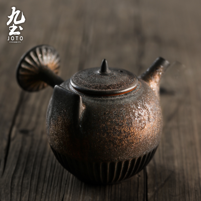 About Nine manual small lateral soil pot kung fu pot teapot gold handle ceramic pot of pu - erh tea zen wind restoring ancient ways of tea cups