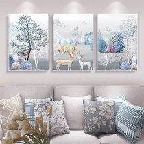 Living room decoration painting modern simple sofa background wall New Year painting Nordic elk mural rich deer triple hanging painting