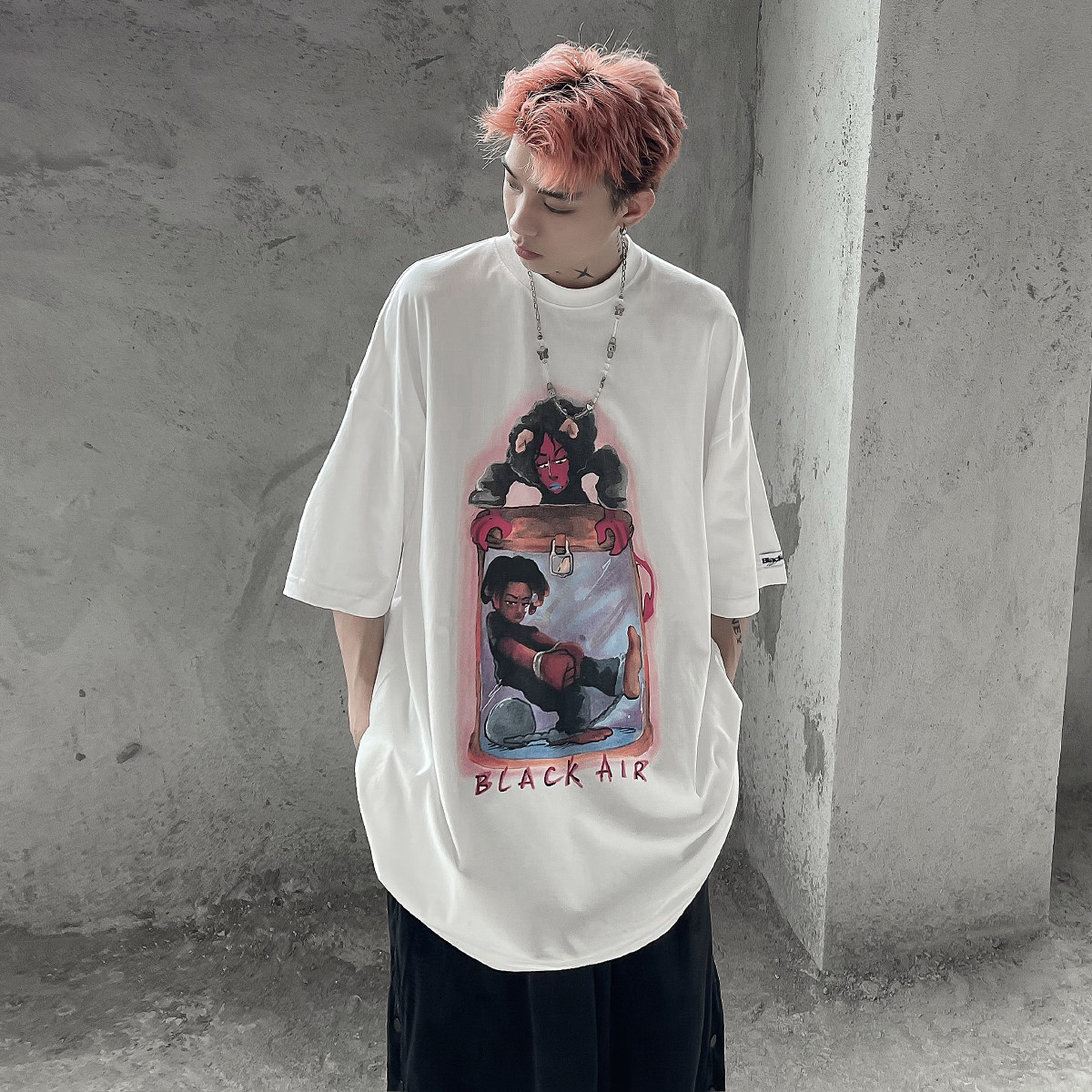 MRNEARLY small crowdboard-card high street dark black wind short sleeve men's summer ins American retro couples half sleeve T-shirt tide