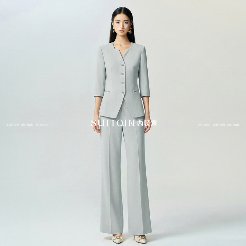 Suitqin Blue Three-Quarter Sleeve Suit Set for Women, Summer Fashion, Suitable for Commuting, Host, and Formal Wear