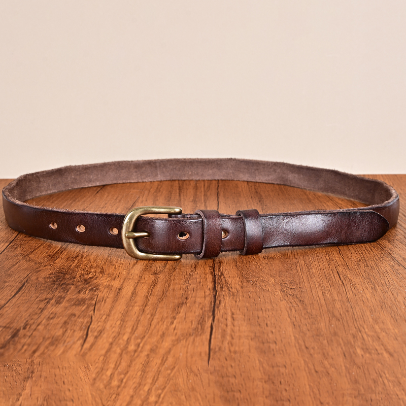 Handmade Distressed Leather Belt for Women, Water-Dyed Vegetable-Tanned First-Layer Cowhide, Vintage High-End Copper Pin Buckle Belt for Women, Suitable for Jeans