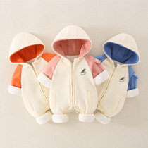 Baby plus velvet rainbow jumpsuit winter male baby warm hooded outside clothing newborn thickened autumn and winter women