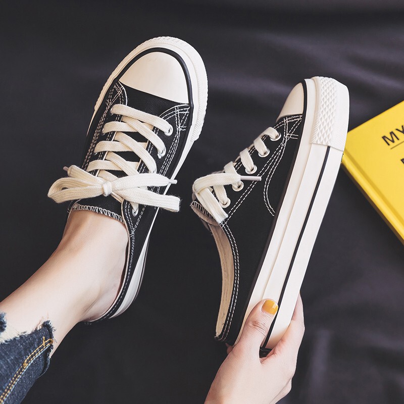 Heelless Half-Slip Canvas Shoes with Laces, Thick-Soled, Height-Increasing Slip-On Sneakers, Women's Shoes for Summer and Autumn