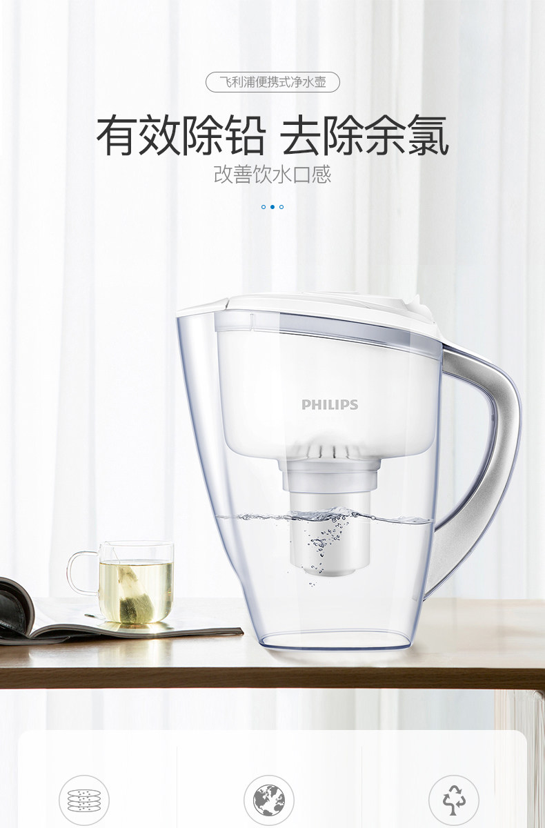 飞利浦 净水壶 3L 除氯去垢 一次过滤10杯水 图1