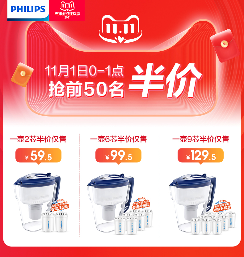 飞利浦 自来水净水壶 3L 带2枚滤芯 图1