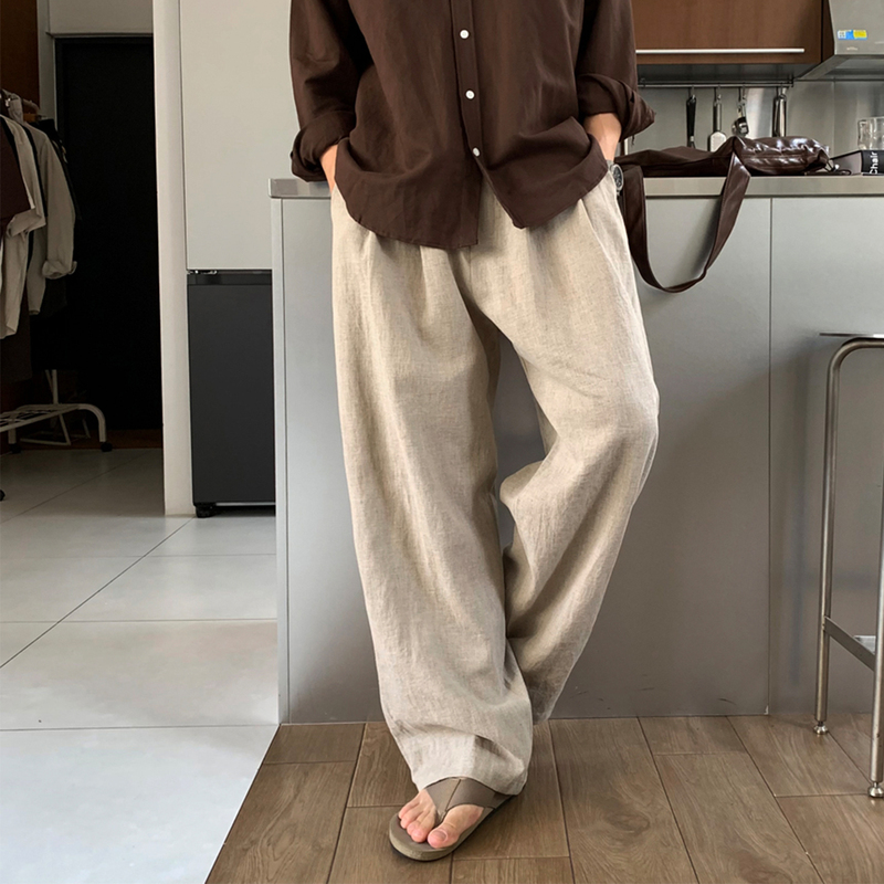Roainkr/Old Money Style Linen Casual Pants for Men, Summer Vacation Wide-Leg Pants, Loose Floor-Length Trousers
