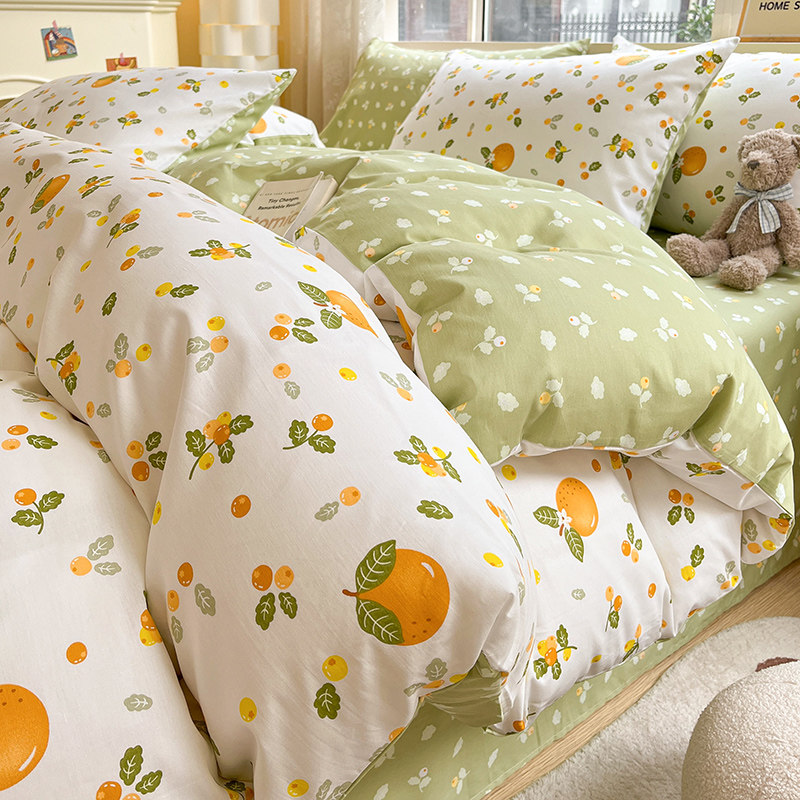 Nordic All-cotton Bed Four Sets 100 Pure Cotton Small Fresh Quilt Cover Sen Bed Pint Girl Heart Sheet Three Sets 4-Taobao