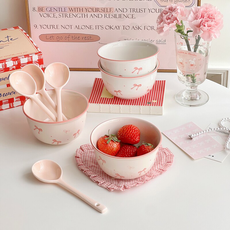 Pink Girly Heart Bow Pink Ceramic Underglaze High Value ins Tableware Rice Bowl Dessert Cake Bowl Pink Girly Heart Bow Pink Ceramic Underglaze High Value ins Tableware Rice Bowl Dessert Cake Bowl