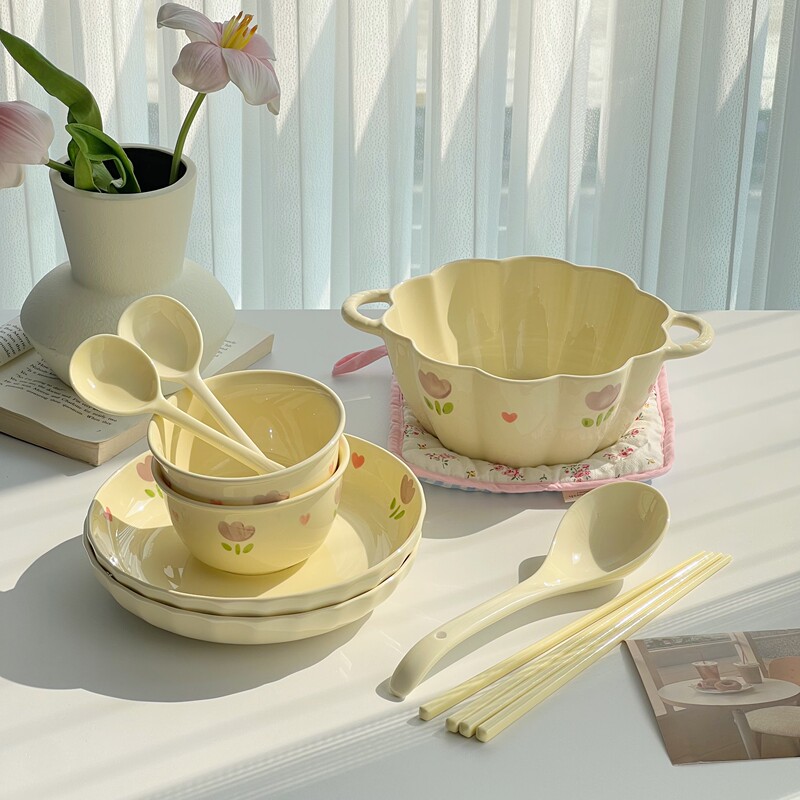 Cream-Style Bowl and Plate Set, Household Tableware Set, Bowls and Plates for Home Use, 2025 New Model Bowl and Chopsticks Set, High-End Luxury Feel