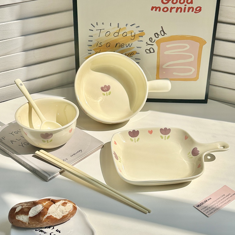 Purple Tulip Single-Serving Handle Bowl Rice Bowl Set for Girls Instant Noodles Ceramic Tableware for Home Dormitory Students