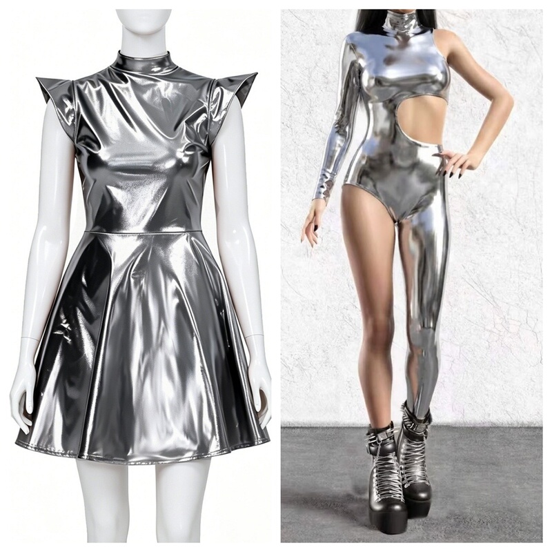 Technological Dance Performance Costume Silver Futuristic Star Warrior Sci-Fi Style Shiny Dress Women's Jumpsuit Outfit