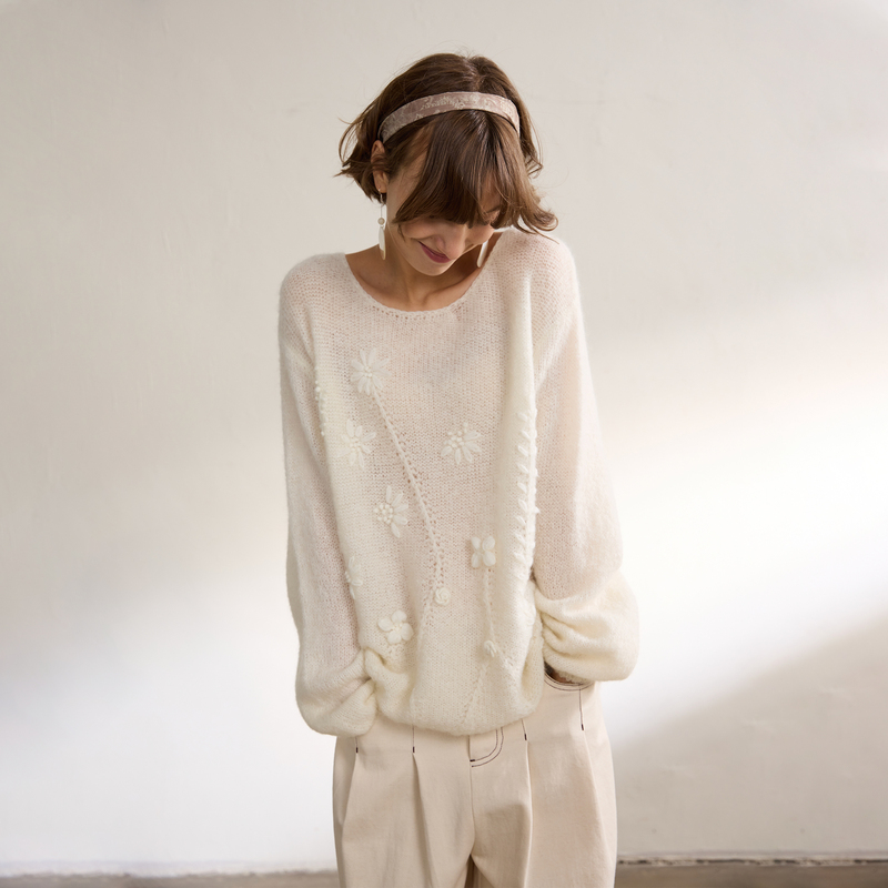 Noend 25Aw 【Three-Dimensional Hand-Crocheted Pattern】 Atmospheric Sheep Wool + Mohair Round-Neck Lightweight Pullover Sweater