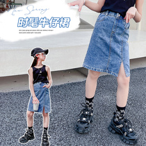 Girl Denim Half Body Dress Womens Summer 2021 New Korean Version Open Fork A Character Dress Hip Child 100 Hitch Short Skirt