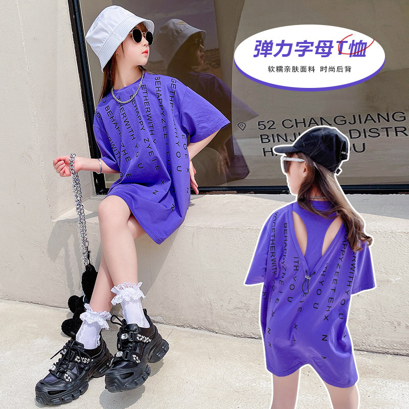 Girl's medium long version T-shirt 2021 new summer dress half sleeve foreign T-shirt dress CUHK child Korean version of girl blouses