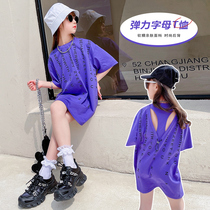Girl mid-length t-shirt 2021 new summer dress half sleeve foreign air T-shirt dress CUHK child Korean version girl blouses