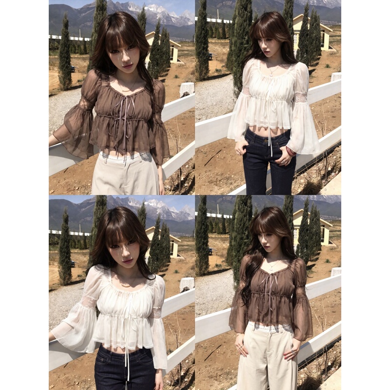 French-Style Lace Bell-Sleeve Chiffon Shirt for Women, Early Autumn, Elegant Loose Fit with Waist-Cinching Design, Stunning Short Top