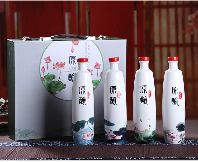 The Empty bottles of jingdezhen ceramic household seal belt box gift Chinese style restoring ancient ways liquor pot lotus 1 catty