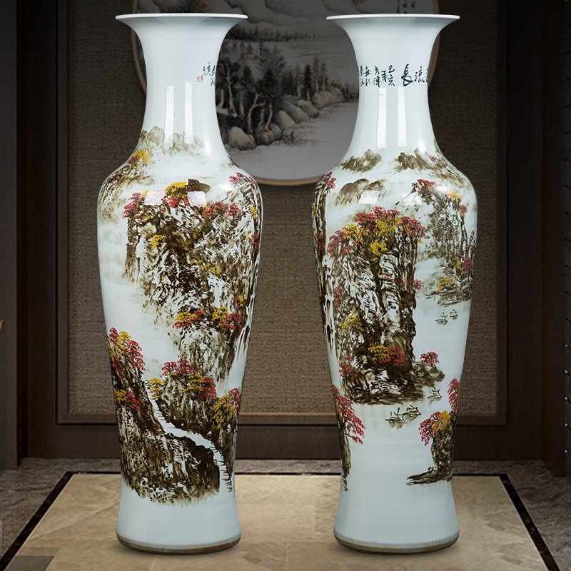 Jingdezhen ceramic floor-to-ceiling large vase hand-painted ink landscape painting living room TV cabinet Chinese-style home decoration ornaments