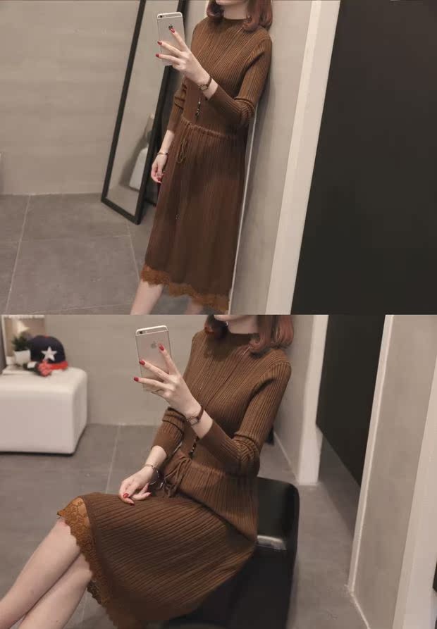 Đầm ren nữ mùa xuân 2018 mới dài phần mùa thu và áo len mùa đông áo len qua đầu gối áo len ba lỗ nữ