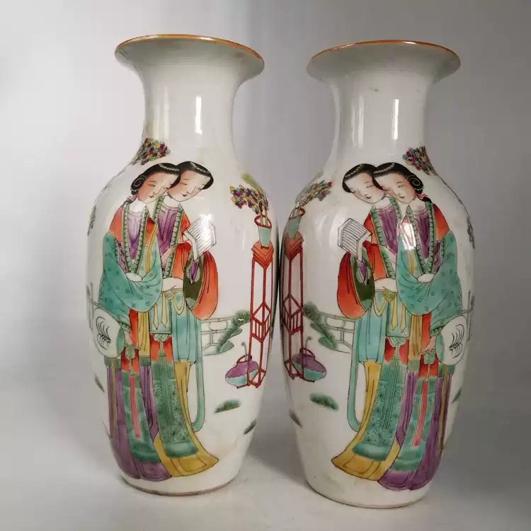 清光绪手绘粉彩人物故事侍女图花瓶(一对) 仿古瓷器古玩古董摆件