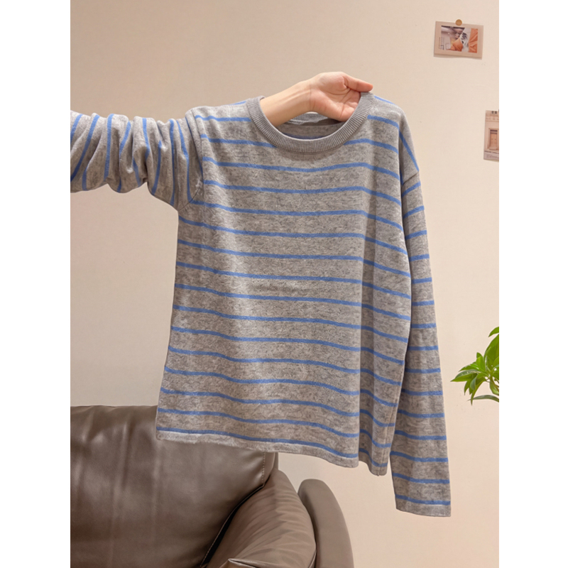 High-End Retro Color-Block Striped Long-Sleeve T-Shirt for Men and Women, Autumn Loose-Fitting Korean Style Lazy Style Knit Top