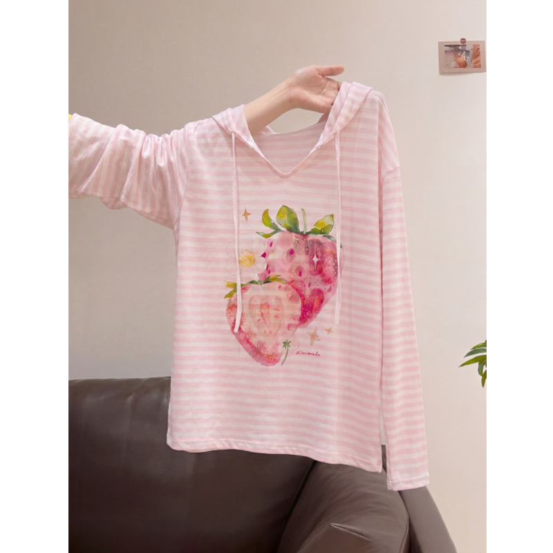 Pink Striped Strawberry Print Long-Sleeved T-Shirt for Men and Women, Summer Thin Loose Sweet Hooded Sun Protection Cover-Up Top
