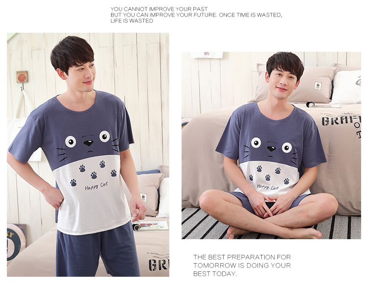 Summer Boy Pyjama Cotton Tay áo ngắn m Kích thước nhỏ Béo phì Big Boy Junior Hàn Quốc Mùa hè Thin Cotton pijama nam cao cấp