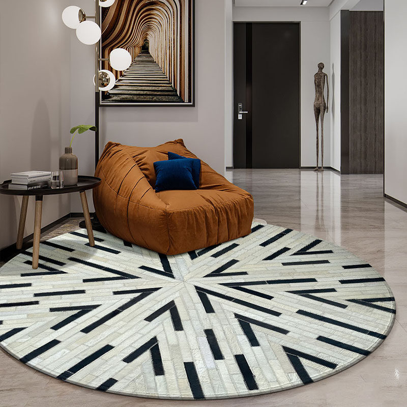 Cowhide stitching round small rug light luxury living room Nordic style modern minimalist coffee table mat study bedroom bedside blanket