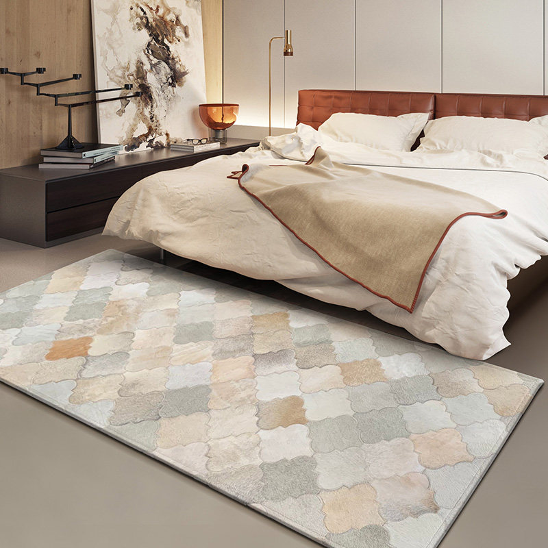Light luxury high-grade long strip cowhide carpet bedroom Nordic geometric style American floor mat room bedside bedside blanket at the end of the bed