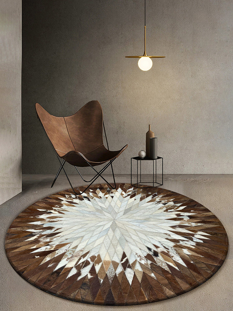 Round carpet stitching cowhide living room Nordic modern American light luxury coffee table study bedroom bedside swivel chair floor mat